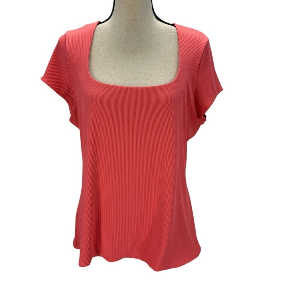 And Now This Cap Sleeve Square Neck Ribbed Blouse - Coral Pink - size 2X
